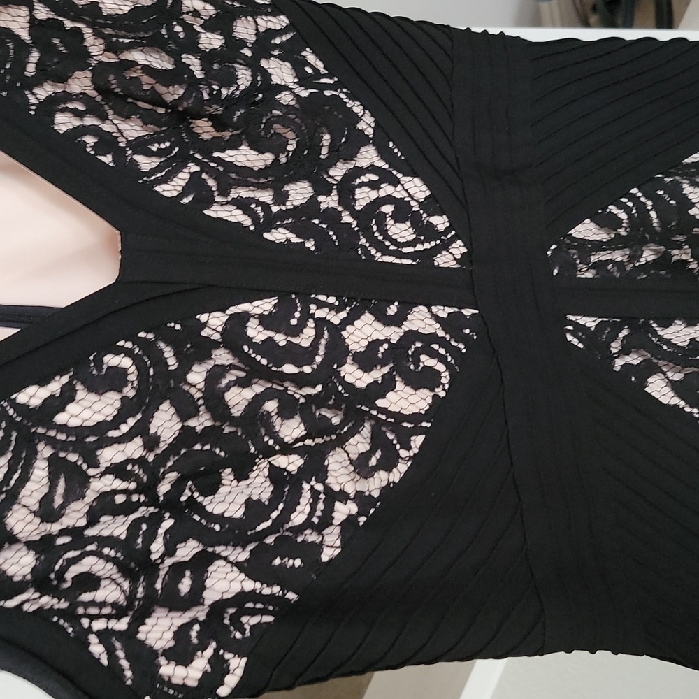 Tadashi Shoji Black Ivory/Tan Lace V-neck Sleeveless Night Out Dress - Picture 5 of 5